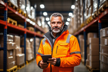 Portrait of man middle aged worker holding a tablet standing in large warehouse , Employee in logistics company near warehouse racks
