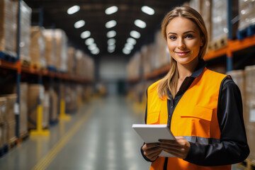 Portrait of woman middle aged worker holding a tablet standing in large warehouse , Employee in logistics company near warehouse racks