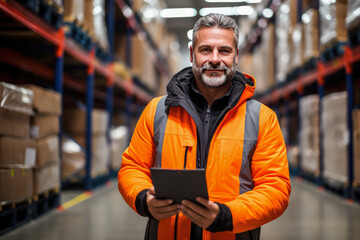 Obraz premium Portrait of man middle aged worker holding a tablet standing in large warehouse , Employee in logistics company near warehouse racks