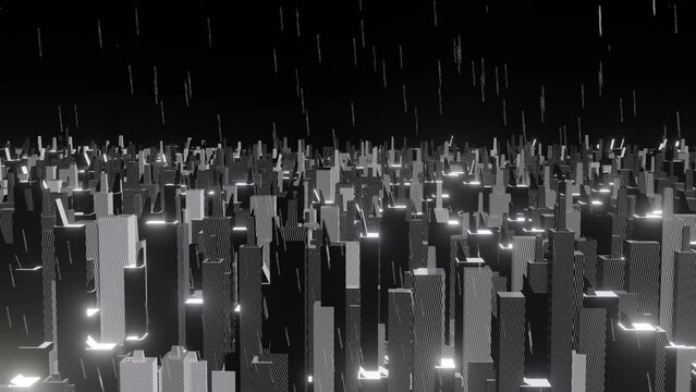 Noir city, heavy rain falling to the city at the deeply night. cool gray colored city. Deep black and shiny white metallic city. cartoon gray colored city for your background stuff.