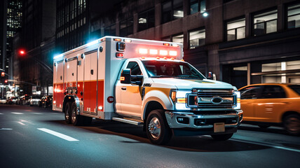 Ambulance on emergency car races to respond to the scene of an emergency with red lights on through the city on a road in the night time.