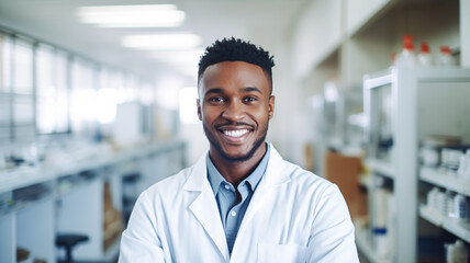 Portrait of black young man wearing lab coat and smiling at camera in workshop of pharmaceutical factory.
