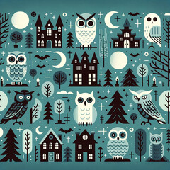 Illustration in a flat design style showcasing a pattern of modern Halloween icons. The icons include moonlit haunted houses, eerie trees, and owls 