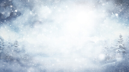 Obraz premium winter postcard blank form watercolor drawing, landscape in blue tones, covered with snow, snowfall in light blue tones abstract blurred background