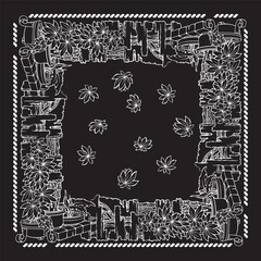 Botanical square pattern with tropical plants in flowerpots. Bandana. Vector.