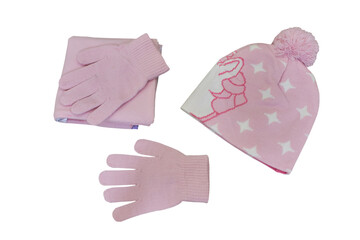 a set of a hat with a scarf and gloves pink,set of winter clothes for girls