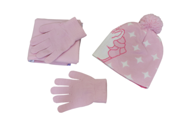 a set of a hat with a scarf and gloves pink,set of winter clothes for girls