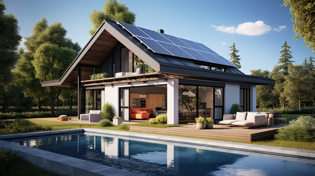 Solar panels on the gable roof of a beautiful modern home , Photos of solar panels, solar farms, and renewable energy installation,Eco-friendly,energy concept.