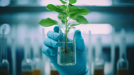Hand in glove holding test tube with plant biotechnology - obrazy, fototapety, plakaty