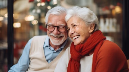 Portrait of happy senior couple tourists outdoors