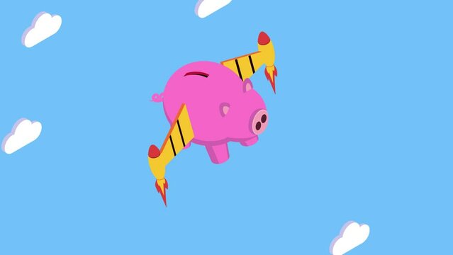 Piggy bank flying with rocket