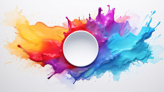 white round frame surrounded by a swirl of liquid multicolored paint, ink. copy space background, isolated on white background