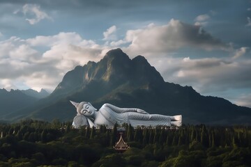 A large, beautiful white reclining Buddha statue in the majestic nature.