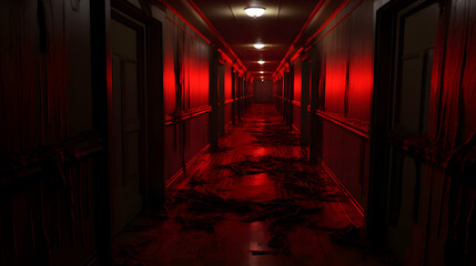 horror scary red corridor in the dark background  horror scenery fear concept - obrazy, fototapety, plakaty