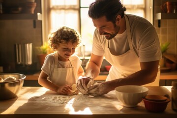 Obraz na płótnie Canvas a chef teaching a child how to roll out dough on a floured counter. A father's teaching his child. father's day concept