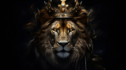 portrait of a lion wearing golden crown on black background