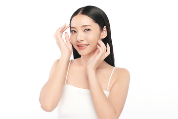 Naklejka premium Beautiful young asian woman with clean fresh skin on white background, Face care, Facial treatment, Cosmetology, beauty and spa, Asian women portrait.
