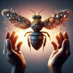 hands protect care steampunk bee important element of the ecology , save planet from climate change - obrazy, fototapety, plakaty