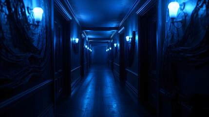 blue light horror hallway background, Blue corridor with multiple doors