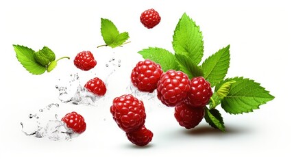 Isolated white background with falling mint leaves and berries
