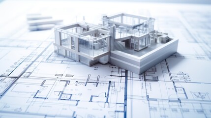 Building construction on architecture blueprint - obrazy, fototapety, plakaty