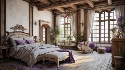 A French country-styled bedroom, with lavender accents, wrought iron details, and rustic wooden...