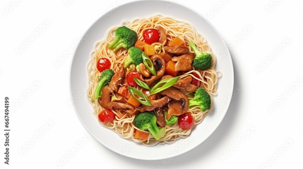 Poster isolated top view of noodle plate with meat and vegetables on white background