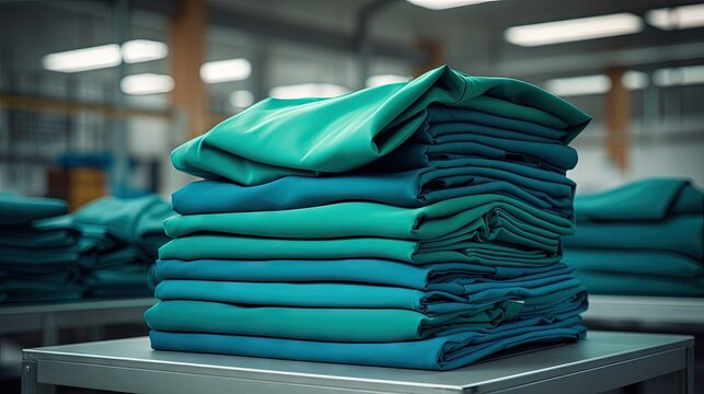 Industrial laundry service for cleaning and caring for surgical clothing in green and blue