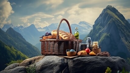 Mountain rock with wicker picnic basket and varied items Text space available