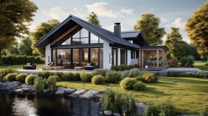 Fototapeta na wymiar Luxurious private house with a modern Scandinavian exterior and contemporary cottage architecture surrounded by a green lawn
