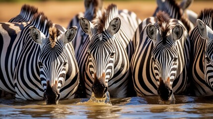 A herd of zebras, their stripes forming a mesmerizing pattern as they drink from a watering hole.