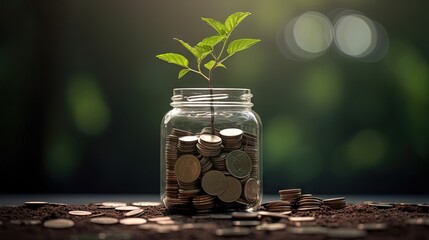 Investment concept Trees on currency and glass bottle against green backdrop