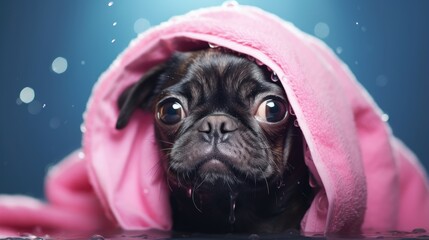 Pet grooming concept Adorable dog wrapped in towel after bath on pink background with soap bubbles