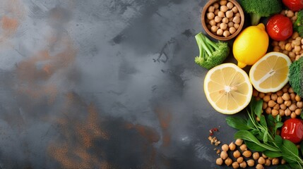Healthy food with vegetables and chickpeas on a concrete background top view free space for text banner Vegetarian or Mediterranean cuisine concept - obrazy, fototapety, plakaty