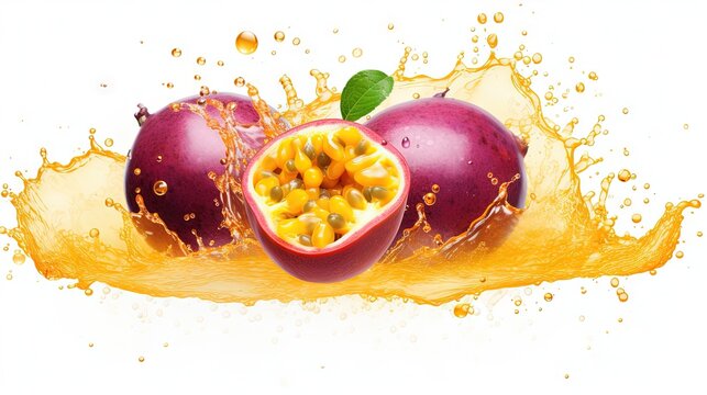 Isolated red passion fruit with juice splash