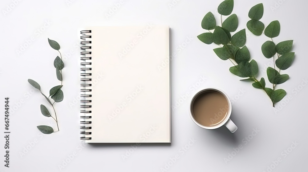 Aufkleber Minimalistic workspace with coffee notebook and eucalyptus leaves on a gray table from an aerial perspective