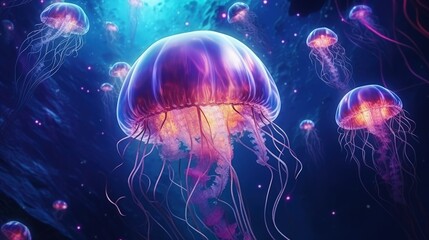 Fototapeta premium Phosphorescent jellyfish glide in the depths of the ocean Neon jellyfish in a cosmic galaxy surrounded by stars