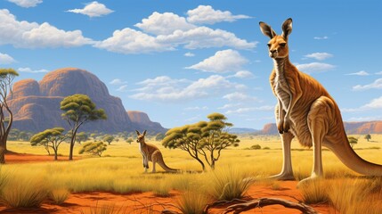 A kangaroo with its joey, standing alert in the vast, open plains of the outback. - obrazy, fototapety, plakaty