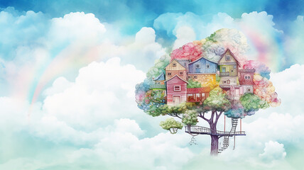 illustration of a tree house in the clouds isolated on a white background , graphics for children fairy tale - obrazy, fototapety, plakaty