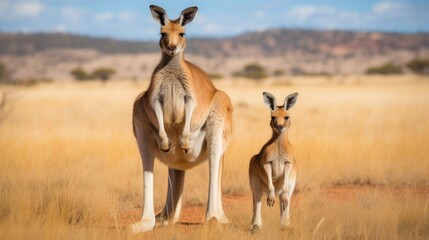 A kangaroo with its joey, standing alert in the vast, open plains of the outback.