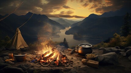Fototapeta na wymiar Mountain camping season involves cooking food over a campfire