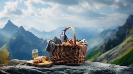 Mountain rock with wicker picnic basket and varied items Text space available