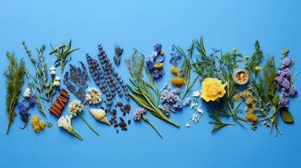Herbal alternative medicine ingredients and holistic approach on blue background Herbs and flowers for tea Top view copy space - obrazy, fototapety, plakaty