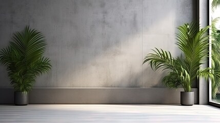 Modern empty room with tropical plant garden and green palm trees featuring a blank concrete wall in a luxury house interior