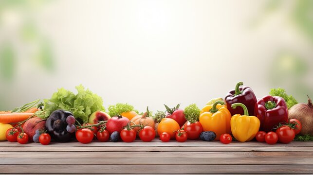 High resolution studio photo of various organic fruits and vegetables on a white wooden table