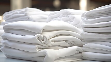 Laundry service for organizations and factories with piles of folded white textiles