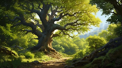A majestic oak tree standing tall in the midst of a sunlit clearing in a dense forest.