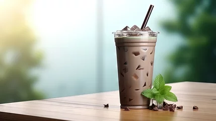 Keuken spatwand met foto Mixed cocoa chocolate mint drink in a plastic glass © vxnaghiyev