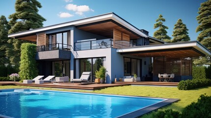 Luxurious modern house with pool and parking for sale or rent surrounded by beautiful landscaping and under a clear blue sky on a sunny summer day - obrazy, fototapety, plakaty