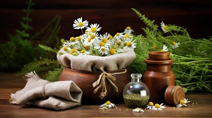 Obraz premium Herbal medicine with chamomile and essential oil in hessian bags on a wooden table